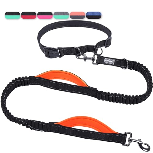 VIVAGLORY Freihändige Hundeleine mit Doppelter Anti-Schock Bungees und Gepolsterten Griffen, Reflektierende Taille Laufleine zum Training Joggen für Mittlere Große Hunde, Schwarz/Orange von VIVAGLORY