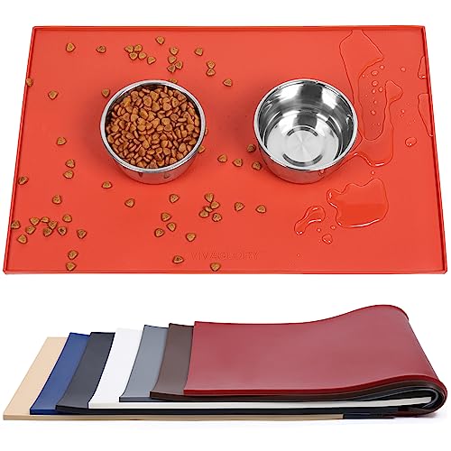 VIVAGLORY Hundefuttermatte, Katzenhund-Fütterungsmatte, Anti-Messy wasserdichte Futterfutter-Nahrungsnahrungs-Pet Schüssel Silikonmatten-Placemat mit erhöhter Kante, Orange, Groß (60x40cm) von VIVAGLORY