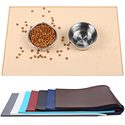 VIVAGLORY Hundefuttermatte, Anti-Messy wasserdichte Futterfutter-Nahrungsnahrungs-Pet Schüssel Silikonmatten-Placemat mit erhöhter Kante, Katzenhund-Fütterungsmatte, Khaki, Groß (60x40cm) von VIVAGLORY