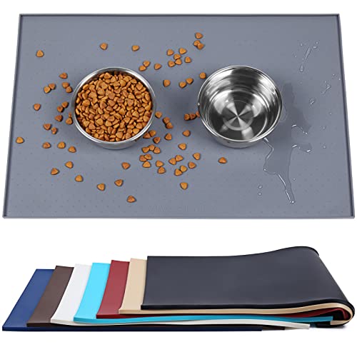 VIVAGLORY Hundefuttermatte, Katzenhund-Fütterungsmatte, Anti-Messy wasserdichte Futterfutter-Nahrungsnahrungs-Pet Schüssel Silikonmatten-Placemat mit erhöhter Kante, Grau, Groß (60x40cm) von VIVAGLORY