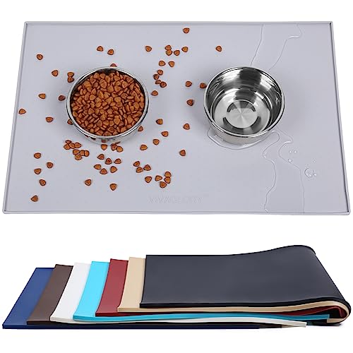 VIVAGLORY Hundefuttermatte, Katzenhund-Fütterungsmatte, Anti-Messy wasserdichte Futterfutter-Nahrungsnahrungs-Pet Schüssel Silikonmatten-Placemat mit erhöhter Kante, Hellgrau, Groß (60x40cm) von VIVAGLORY