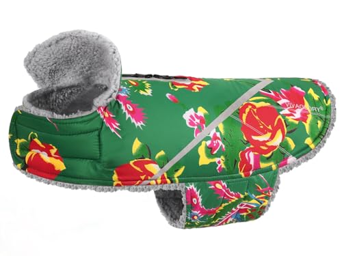 VIVAGLORY Hundemäntel für Kaltes Wetter, Gemütlich Wasserabweisend Winddicht Hundeweste, Warme Haustierbekleidung für Winter-Hundejacke für Kleine Mittel Hunde mit Pelzkragen, Nordwest Blumen-Grün M von VIVAGLORY