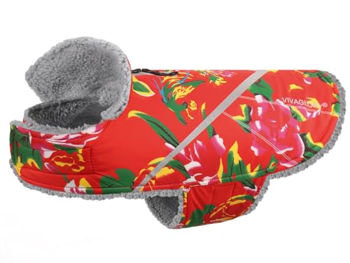 VIVAGLORY Hundemäntel für Kaltes Wetter, Gemütlich Wasserabweisend Winddicht Hundeweste, Warme Haustierbekleidung für Winter-Hundejacke für Kleine Mittel Hunde mit Pelzkragen, Nordwest Blumen-Rot M von VIVAGLORY