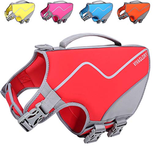 VIVAGLORY Schwimmweste für Hunde im sportlichen Stil, Strapazierfähige Haustier-Sicherheitsweste, Bequeme Neopren-Rettungswesten mit Klettverschluss, Rot, Medium von VIVAGLORY