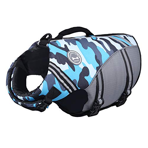 VIVAGLORY Sportstil Schwimmweste für Hunde mit Hervorragendem Auftrieb, Einstellbar & Langlebig Schwimmweste mit Sicherem Befestigungssystem für Mittel Hunde, Camo Blau von VIVAGLORY