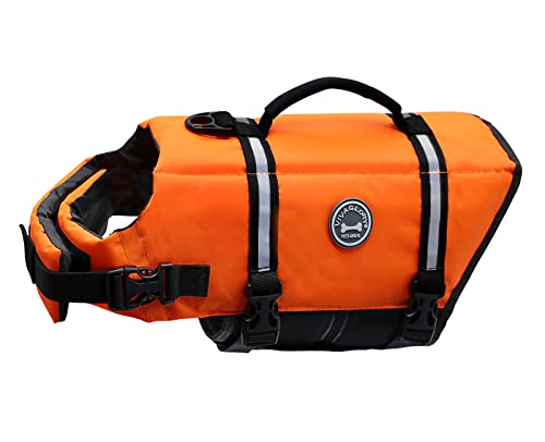 VIVAGLORY Ripstop Hunde Rettungsweste für Kleine Mittel Große Hunde Bootfahren, Hund Schwimmweste mit Verbesserter Auftrieb & Sichtbarkeit, Neon-Orange von VIVAGLORY