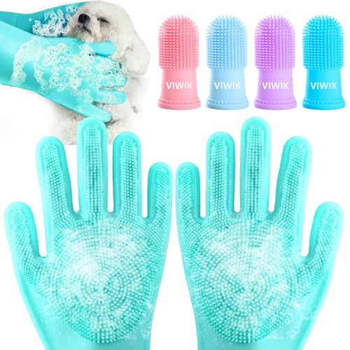 VIWIK Hunde-Badhandschuhe mit 4 Hundezahnbürsten, Hundepflegeset, Hunde-Fingerzahnbürste für kleine Rassen, mittelgroße und große Hunde, Silikon-Waschhandschuhe mit hochdichten Zähnen, Grün von VIWIK