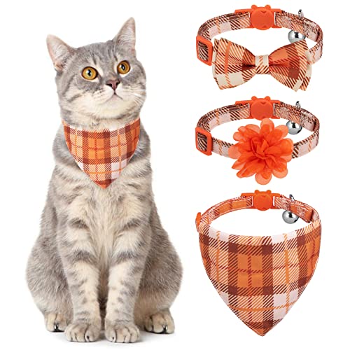 VKPETFR Breakaway Katzenhalsband mit Fliege und Glocke, niedliche Blume und Bandana, 3 Stück, Sicherheitsschnalle, Kätzchen-Halsbänder, verstellbares Haustierhalsband für Mädchen, Jungen, Katzen, von VKPETFR