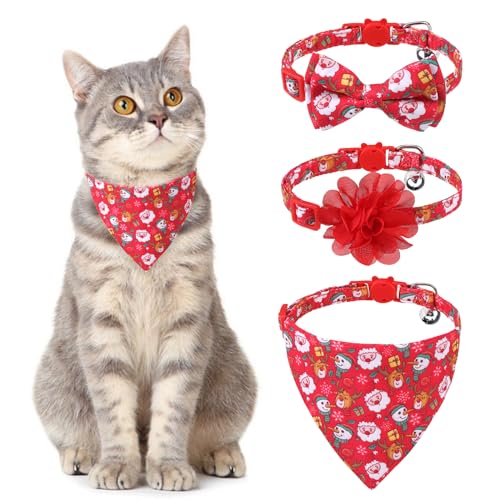 VKPETFR Breakaway Katzenhalsband mit Fliege und Glocke, niedliche Blume und Bandana, 3 Stück, Sicherheitsschnalle, Kätzchenhalsbänder, verstellbares Haustierhalsband für Mädchen, Jungen, Katzen, von VKPETFR