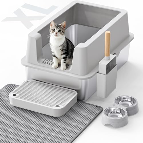 Katzentoilette aus Edelstahl - Geschlossene Katzentoilette mit Deckel XL Extra große Metall-Katzentoilette für große Katzen, hochseitige Kitty Katzentoilette Anti-Leckage, einfache Reinigung, nicht von VNAKIO