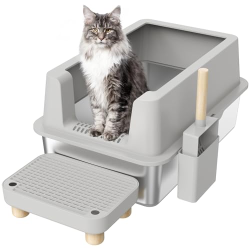 Katzentoilette aus Edelstahl - Geschlossene Katzentoilette mit Deckel, extra groß, XL, Metall, hohe Seiten, Katzentoilette für große Katzen, einfache Reinigung, nicht klebrig, Anti-Auslaufen, von VNAKIO