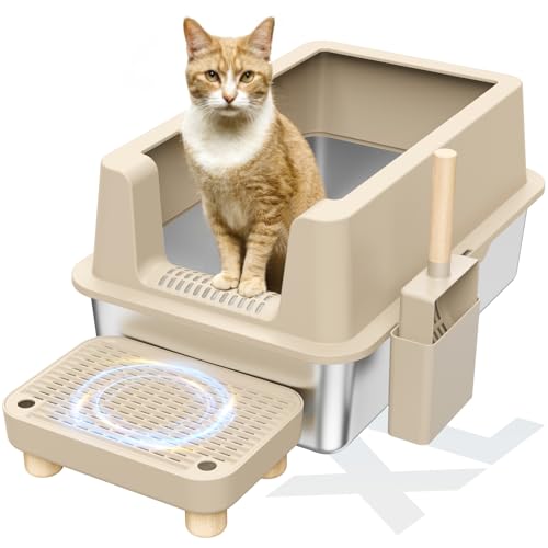 Katzentoilette aus Edelstahl - Geschlossene XL Metall Kitty Katzentoilette mit Deckel für große Katzen, hohe Seite, Anti-Auslaufen, einfache Reinigung, nicht klebrig, inklusive Löffel & Gang (Khaki) von VNAKIO