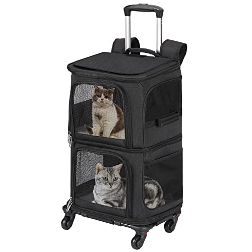 VOISTINO Doppelter Haustier-Rucksack mit Rollen für kleine Katzen und Hunde, Rolling Cat Travel Carrier, Super Ventilated Design, Ideal für Reisen/Wandern/Camping, Schwarz von VOISTINO