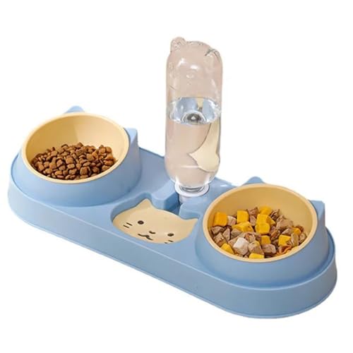 Haustier-Katzennapf, automatischer Futternapf, Hundefutternapf mit Wasserbrunnen, Doppelnapf, Trinknapf, erhöhter Ständer, Futternäpfe for Katzen Hundenapf(Blue) von VONCYKI