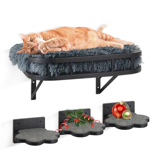 Katzenhängematte Katzenwandmöbel mit Kühlmatte und Plüschkissen und 3 Wandstufen, Wandmontierte Katzenregale und Sitzstangen, Katzenkletterregal Katzenkratzbaum zum Schlafen, Spielen, Geschenk für von VOOTTOU