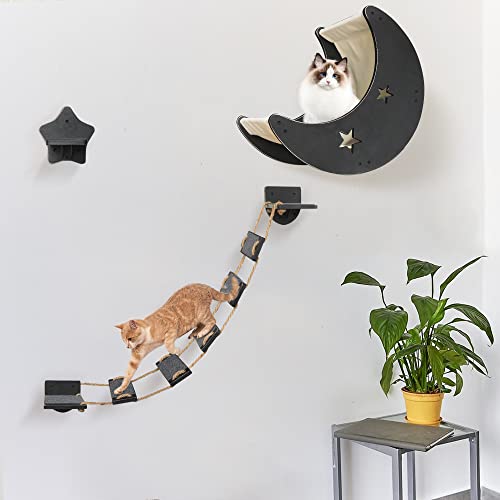 VOOTTOU Katzenhängematte Katzenwandregale, Mordern Katze Wandmöbel Katze Mond Bett mit 1 Kletterbrücke und 1 Treppenstufe, Katzenmöbel Set mit Katzenbett Katzenwalker Brücke Regal, Geschenk für Katze von VOOTTOU