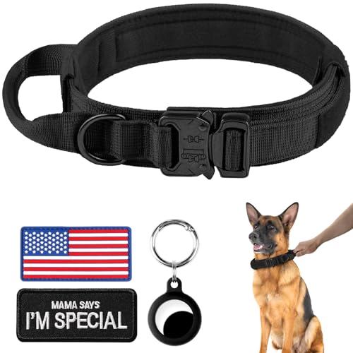 VORCIK Taktisches Hundehalsband, verstellbares militärisches Training, Nylon-Hundehalsband mit Griff und robuster Metallschnalle für mittelgroße und große Hunde, mit Airtags-Etui und 2 Patches (L, von VORCIK