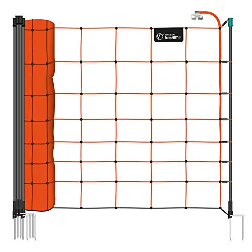 VOSS.farming Premium Schafnetz farmNET 50m 90cm Orange 2 Spitzen 14 Pfähle Schafzaun Elektronetz von VOSS.farming