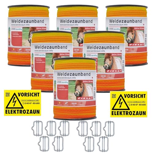 VOSS.farming Weidezaunband – Länge wählbar - 20mm gelb Oranges Elektrozaunband 5X 0,16 Niroleiter - mit Zubehör - Elektroband Weidezaun Elektrozaun Ponyzaun Pferdezaun von VOSS.farming