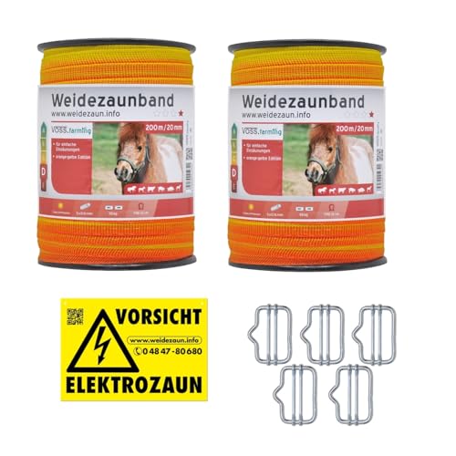 VOSS.farming Weidezaunband – Länge wählbar - 20mm gelb oranges Elektrozaunband 5X 0,16 Niroleiter - mit Zubehör - Elektroband Weidezaun Elektrozaun Ponyzaun Pferdezaun von VOSS.farming