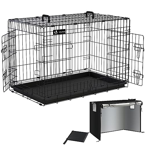 VOUNOT Hundekäfig Klappbar mit Abdeckung, Hundebox Auto Hundetransportkäfig mit Doppeltüren, 2 Transportgriffen & Bodenschale, L 92x58x64 cm, Schwarz von VOUNOT