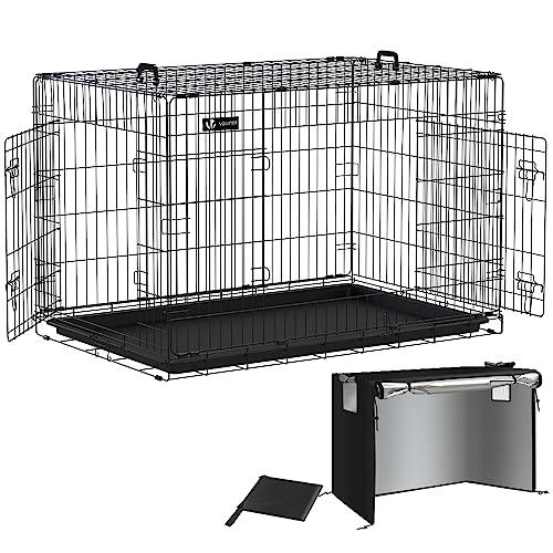 VOUNOT Hundekäfig Klappbar mit Abdeckung, Hundebox Auto Hundetransportkäfig mit Doppeltüren, 2 Transportgriffen & Bodenschale, XXL 122x75x81 cm, Schwarz von VOUNOT