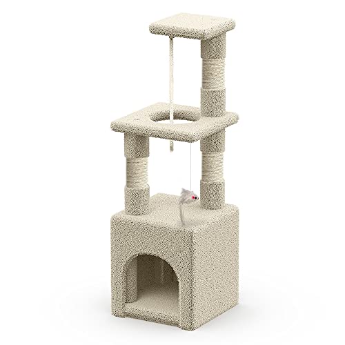 VOUNOT Kratzbaum Klein, Katzenbaum für Katzen, Stabil Katzenkratzbaum mit Plattform, Höhle, Sisal-Stämmen, Höhe 88 cm, Beige von VOUNOT