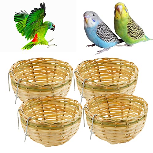 4 Stück kleines, handgewebtes Bambus-Vogelnest, Käfighaus, schlüpfende Bruthöhle mit Haken für kleine Vögel, Papageien, Wellensittiche, Sittiche, Nymphensittiche, Sittiche, Sittiche, Sittiche, Finken, von VTurboWay