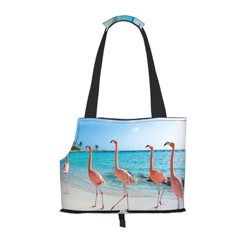 Tragbare Faltbare Haustier Schulter Rosa Flamingo auf Strandtasche - Hohe Dichte Reißfest Haustier Reise Handtasche für kleine Tiere von VYONNE