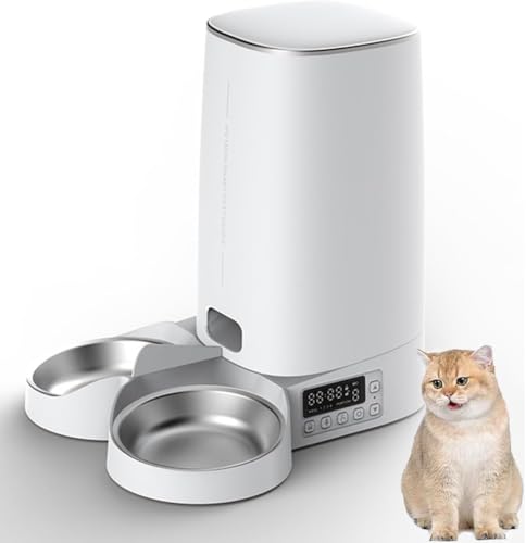 Futterautomat Katze & Hund - 4L Automatischer Futterspender, Haustier Intelligenter Futterspender, mit Edelstahlnapf, Zeitgesteuerte Fütterung, Akku- & Netzbetrieben, Weiß (Timer-Version, Zwei Napf) von Vacclo