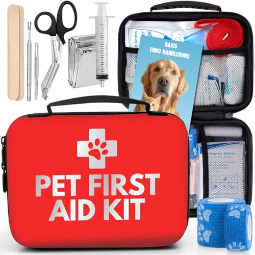 Vacht Vreugde Erste-Hilfe-Kit Hund - Komplettes Erste-Hilfe-Set für Hunde und Katzen - Inklusive Zeckenzange, Erste-Hilfe-Kit Zubehör, Bandage, Zeckenzange Hund und mehr - Ideal für Zuhause, Reisen von Vacht Vreugde