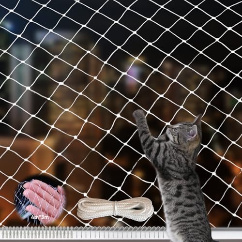 Vaileal Katzen Balkonnetze: 4 x 3m Katzennetz für Balkon, Transparent Balkonnetz, katzenschutznetz Ohne Bohren, Katzengitter Fenster für Balkone, Terrassen, Fenster, Oberlichter, Türen, Zäune von Vaileal