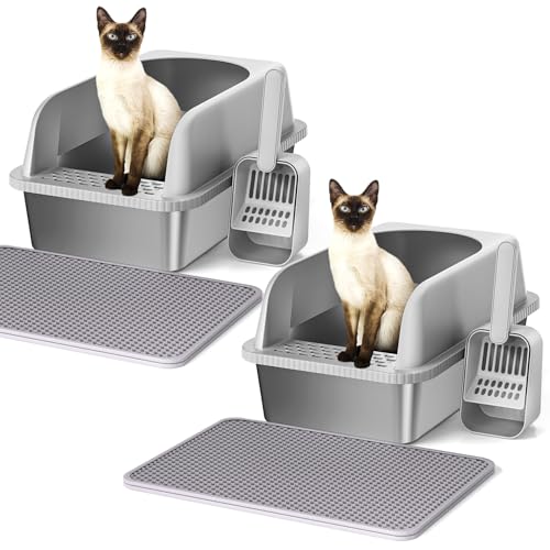 Vailge Katzentoilette Edelstahl, Große 20L Hochseitige Katzentoilette mit Streuschaufel & Matte, Metall Katzentoilette für mittelgroße Katzen, 51x36x30cm, 2 Stück von Vailge