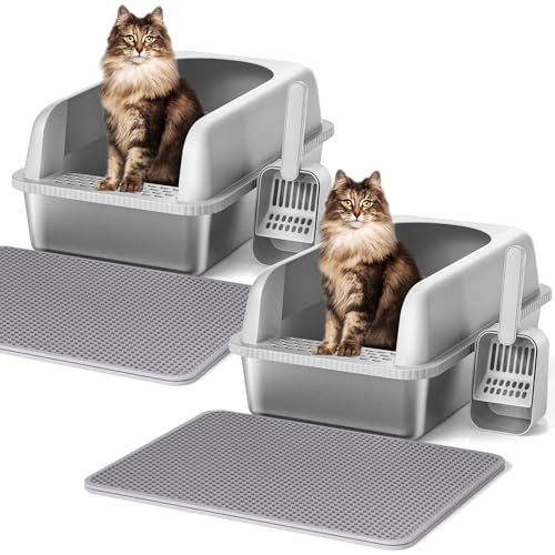 Vailge Katzentoilette aus Edelstahl, extra große 28L hochseitige Katzentoilette mit Streuschaufel & Matte, Metall Katzentoilette für große Katzen, 60x40x30cm, 2 Stück von Vailge