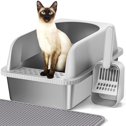 Vailge Katzentoilette aus Edelstahl, große 20L hochseitige Katzentoilette mit Streuschaufel & Matte, Metall-Katzentoilette für mittelgroße Katzen, 51 x 36 x 30 cm, Einzelpackung von Vailge