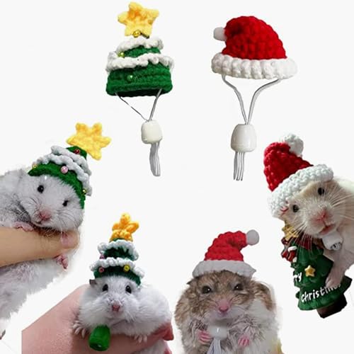 Valicaer Hamster Weihnachtsmütze,2Pcs Hamstermütze Handgestrickte Mini Kleintier Hüte Mütze Weihnachtskostüm mit verstellbaren Trägern Mini Strickmütze Kopfbedeckung für Schlangen,Meerschweinchen von Valicaer