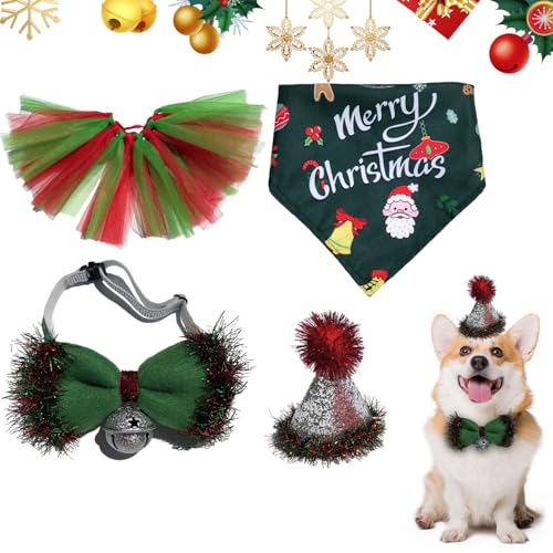 Valicaer Haustier Weihnachtskostüm Weihnachtsmütze+Fliege Kragen+Tutu Rock Kleid+Bandana,4Pcs Hundekleidung Haustierkleid Weihnachten Halstuch Santa Dreieck Lätzchen Partyhut für Welpen,Hunde,Katzen von Valicaer