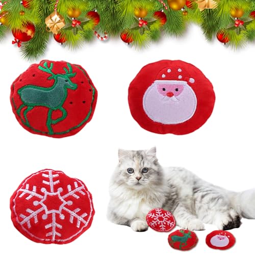 Valicaer Weihnachten Katze Katzenminze Spielzeug,3Pcs Weihnachten Katzen Spielzeug Haustier Interaktives Spielzeug Kauspielzeug Plüschkissen Weihnachtsmann Katzenkissen mit Katzenminze für Innenkätzch von Valicaer