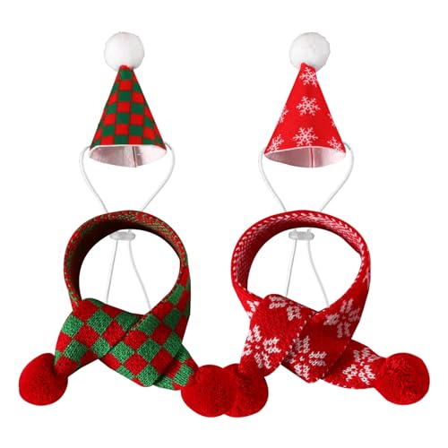 Valicaer Weihnachts Haustier Outfit,4Pcs Weihnachten Haustier Mütze Schal Set Weihnachts Kostüme Gestricktes Hunde Halsband Verstellbarem Weihnachtsmütze Rot Kopfbedeckung für Welpen,Kätzchen,Hunde von Valicaer