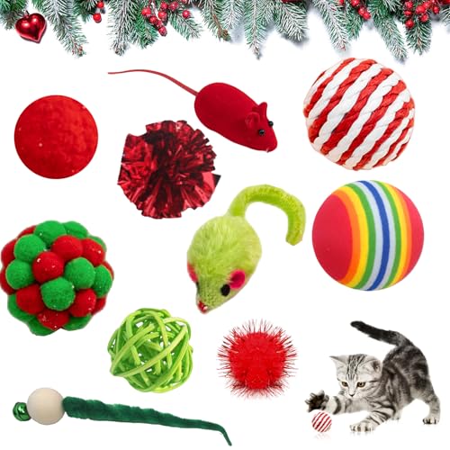 Valicaer Weihnachts Katzenspielzeug,10Pcs Weihnachts Interaktives Katzen Spielzeug Kätzchenspielzeug für den Innenbereich Kätzchen Beißspielzeug Verschieden Spielzeuge Mäusen,Bällen,Glocken Zauberstab von Valicaer