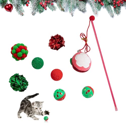 Valicaer Weihnachts Katzenspielzeug,8Pcs Weihnachts Interaktives Katzen Spielzeug Beißspielzeug für Kätzchen Bällen,Glocken,Zerknitterte Papierkugel,Pompons Knisterbälle Verschiedene Spielzeuge Katzen von Valicaer