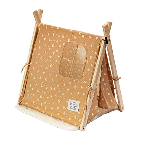 Haustier-Tipi Zelt für Haustiere mit Kissen Mit Fenster Tragbar Katzenzelt Hundebett Holz Polybaumwolle 50 cm x 60 cm x 55 cm (Pfoten) von Valle Verde