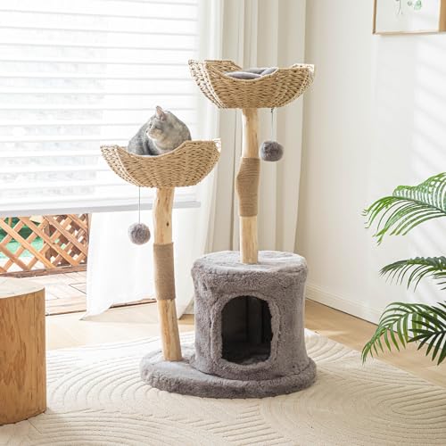 Moderner Katzenbaum für Indoor-Katzen, große Erwachsene, Holz-Katzenturm für große Katzen mit Kratzbaum, Luxus-Katzenhütte, Grau von Vannokor