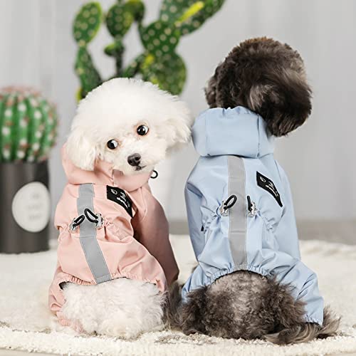 VasedGins Regenmantel für Hunde, wasserdicht, mit Kapuze für kleine und mittelgroße Hunde, Regenponcho mit reflektierenden Streifen, wasserdichter Mantel mit Beinen, leichte Regenjacke, L, Blau + Rosa von VasedGins