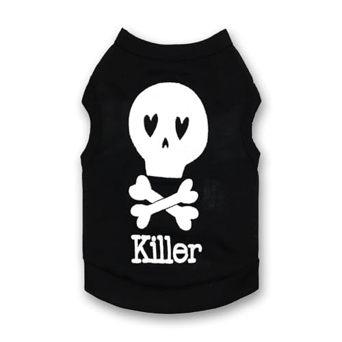 Vavious Katzenkleidung, Hunde-Outfit, Halloween, Totenkopf-Killer, bedrucktes Haustier-Shirt, leicht, ärmellos, Tanktop für Hunde, Schwarz 02, Größe XS von Vavious