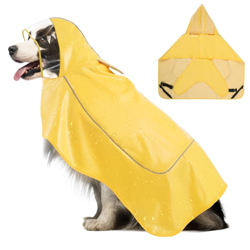 VavoPaw Regenmantel Hund, Verstellbar Regenjacken für Kleine, Mittlere, Große, und Kleine Hund, Wasserdicht Hundejacke mit Kapuze & Reflektorstreifen, Hunderegenmantel Poncho mit Magic Tape, Gelb, 2XL von VavoPaw