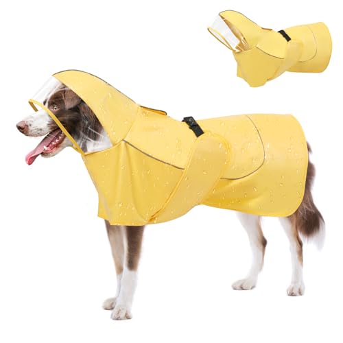 VavoPaw Regenmantel Hund, Verstellbar Regenjacken für Kleine, Mittlere, Große, und Kleine Hund, Wasserdicht Hundejacke mit Kapuze & Reflektorstreifen, Hunderegenmantel Poncho mit Magic Tape, Gelb, 2XL von VavoPaw