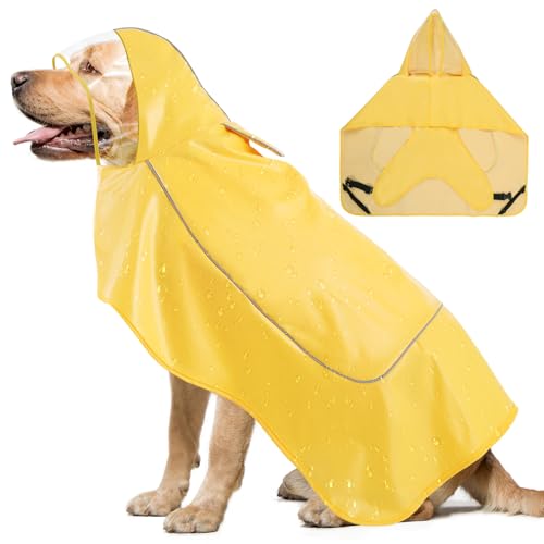 VavoPaw Hunde Regenmantel, Verstellbar Hund Regenmantel für Große, Mittlere und Kleine Hund, Wasserdicht Hundejacke mit Kapuze & Reflektorstreifen, Hunderegenmantel Poncho mit Magic Tape, Gelb, 3XL von VavoPaw