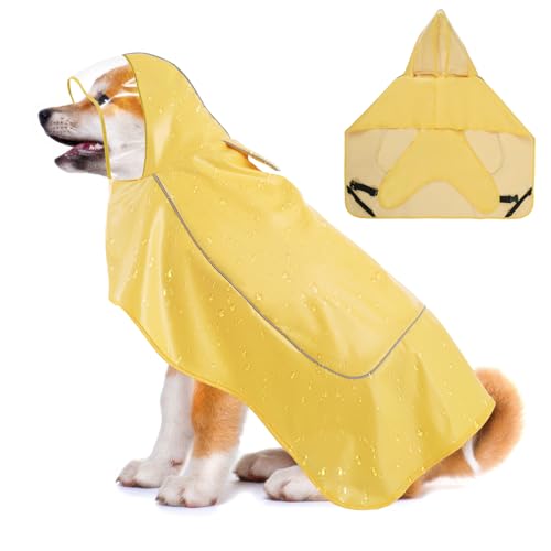 VavoPaw Hunde Regenmantel, Verstellbar Hund Regenmantel für Große, Mittlere und Kleine Hund, Wasserdicht Hundejacke mit Kapuze & Reflektorstreifen, Hunderegenmantel Poncho mit Magic Tape, Gelb, XL von VavoPaw