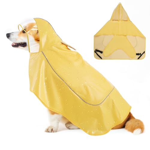 VavoPaw Regenmantel Hund, Verstellbar Regenjacken für Kleine, Mittlere, Große, und Kleine Hund, Wasserdicht Hundejacke mit Kapuze & Reflektorstreifen, Hunderegenmantel Poncho mit Magic Tape, Gelb, L von VavoPaw